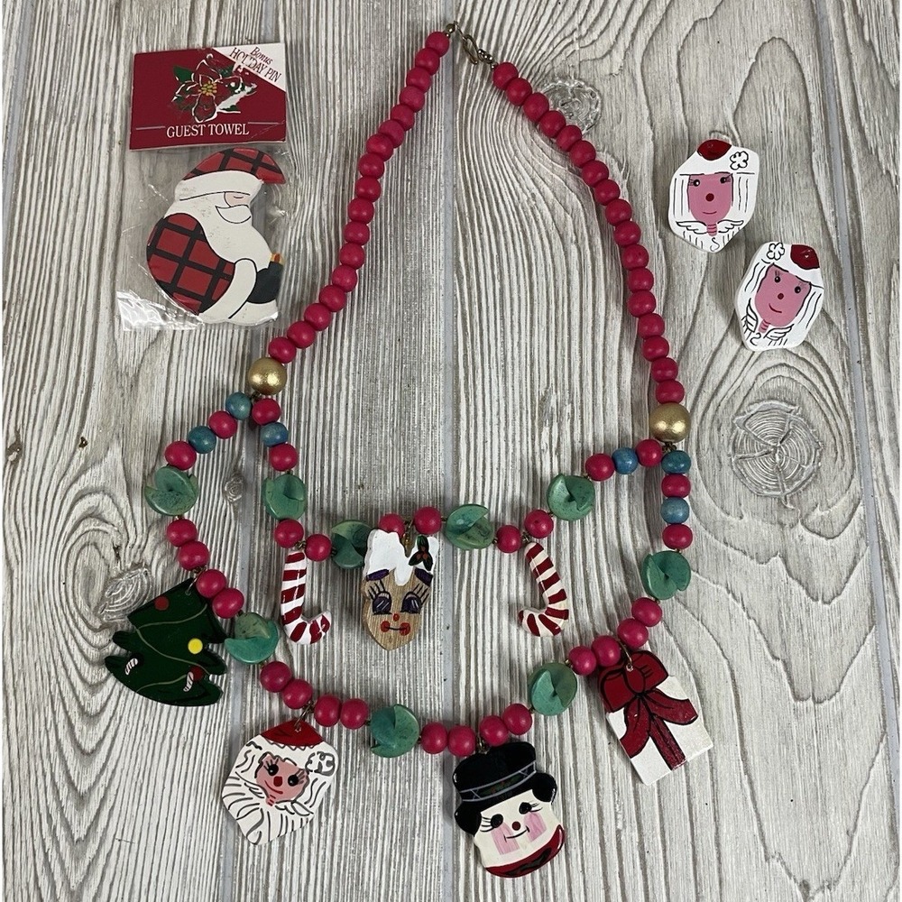 Vintage Christmas Wooden Bead Charm Necklace Earrings & Santa Pin Set Holiday